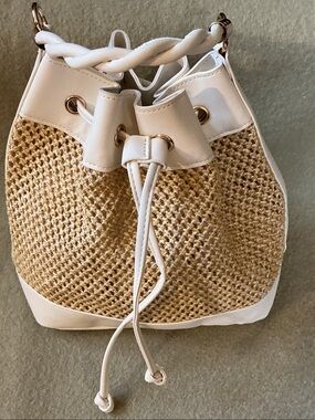 Anna Natural Straw and White Trim Drawstring Tote